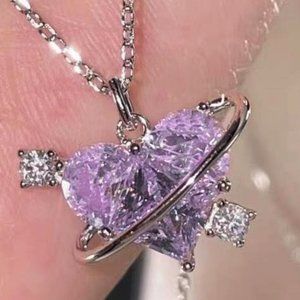 Sweet Violet Heart Saturn Necklace Sterling Silver Chain Celestial Jewelry Gift